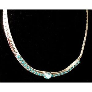Vintage Aqua Rhinestone Choker on Heavy Silver-Tone Serpentine Omega Chain 1940s